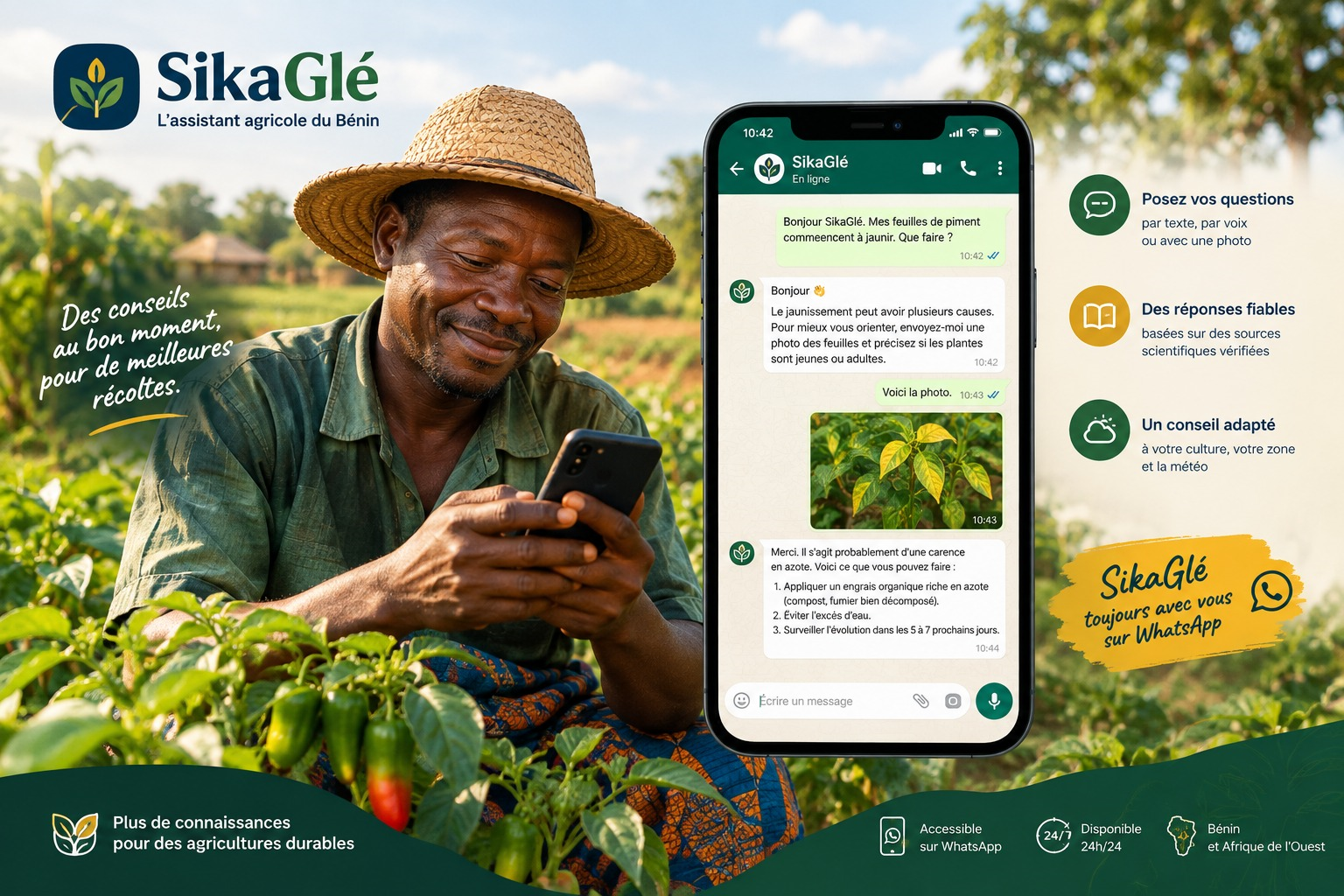 SikaGlé, l'assistant agricole du Bénin — conversation WhatsApp montrant un diagnostic de plant de piment